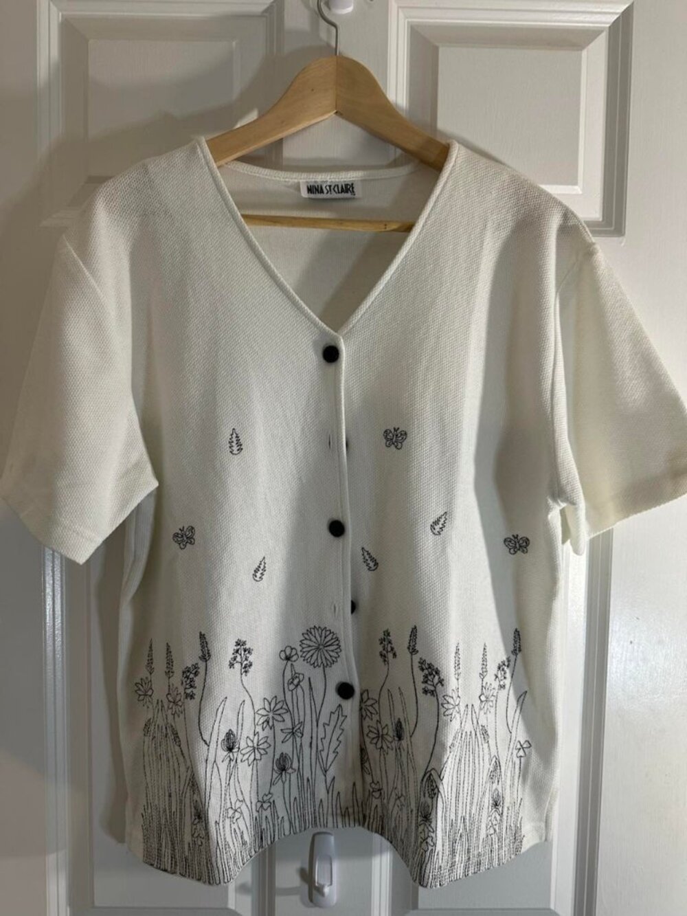 Nina St Claire Embroidered Floral Button-Up Knit Top